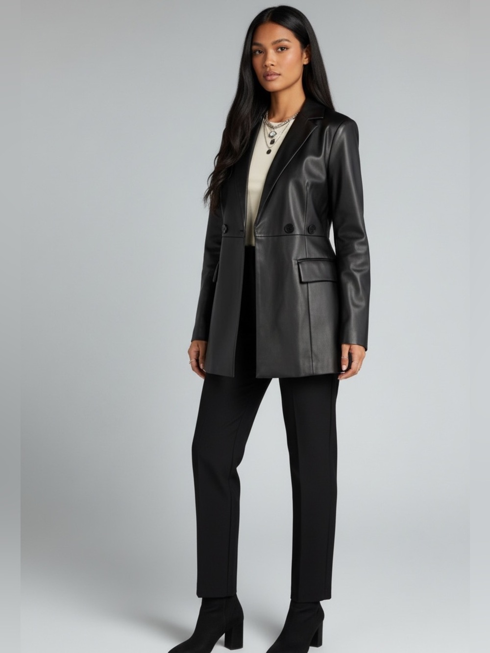 Black Faux Leather Blazer Jacket - Women's - Picture 1 of 7